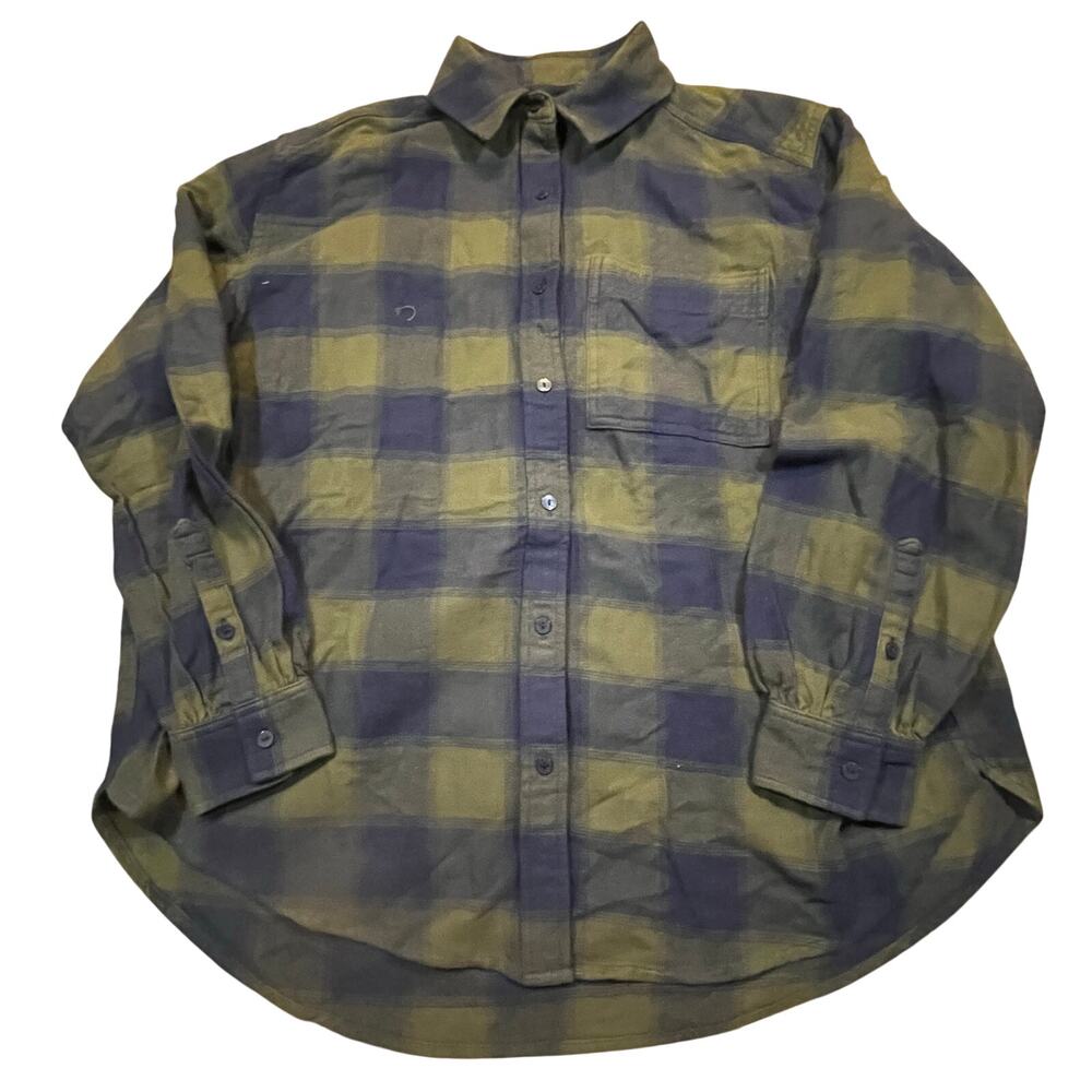 Aerie Women XS Buffalo Plaid Flannel Button Down Blue Green Cozy‎ Oversized